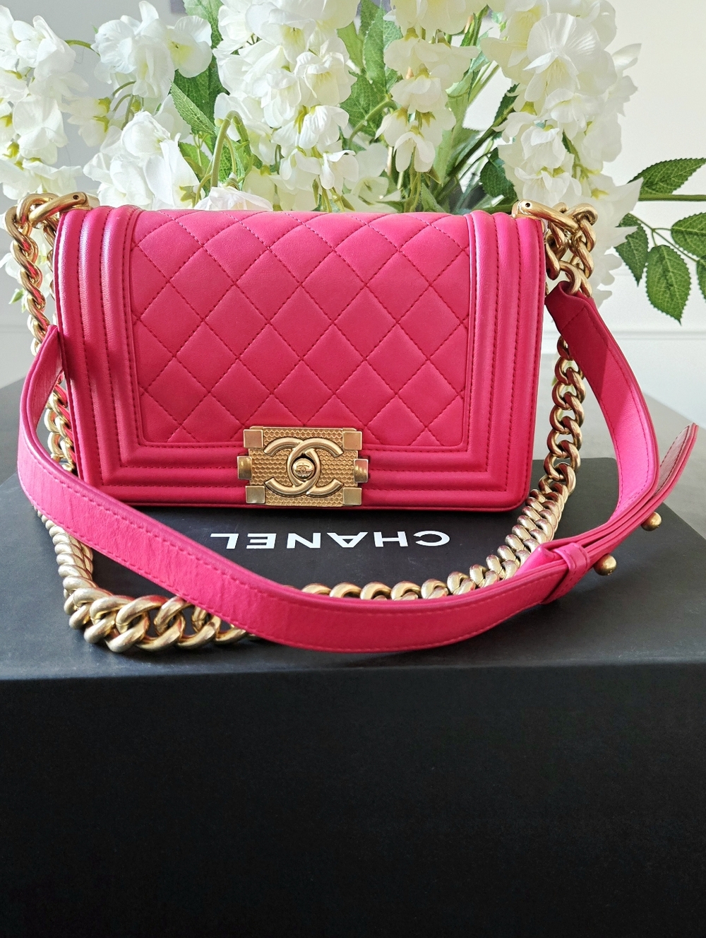 Chanel Small Boy Bag Lambskin Fuchsia Pink Gold Hardware